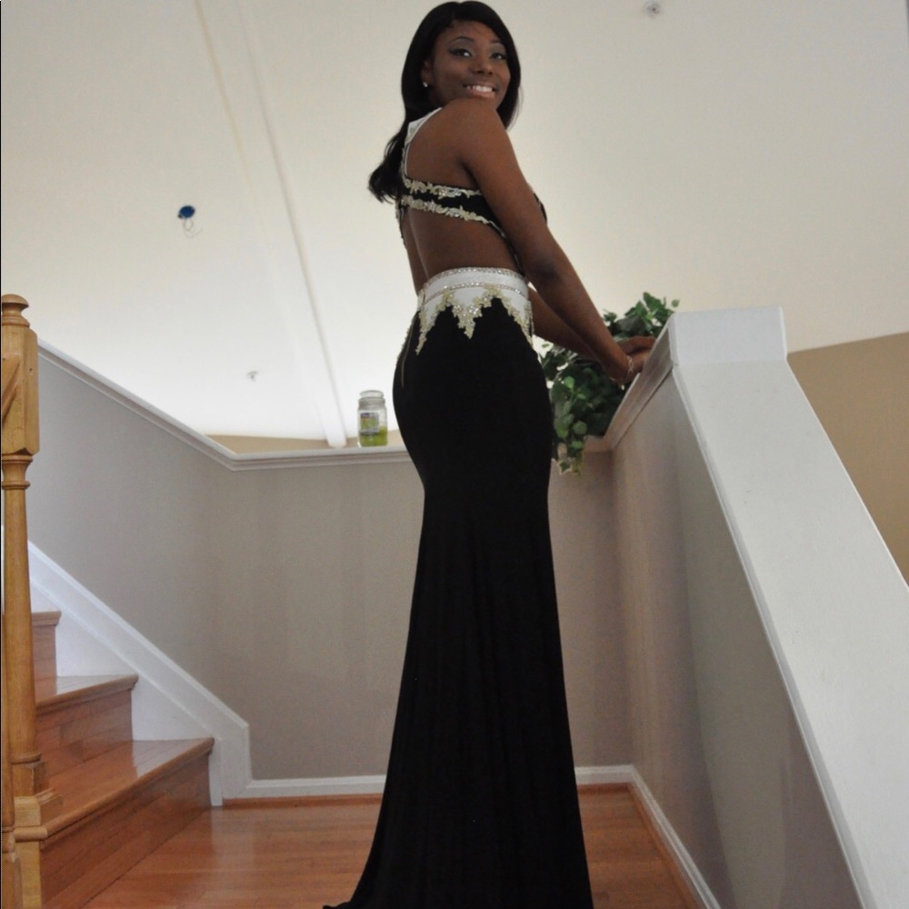 Long Black and white beaded prom dress